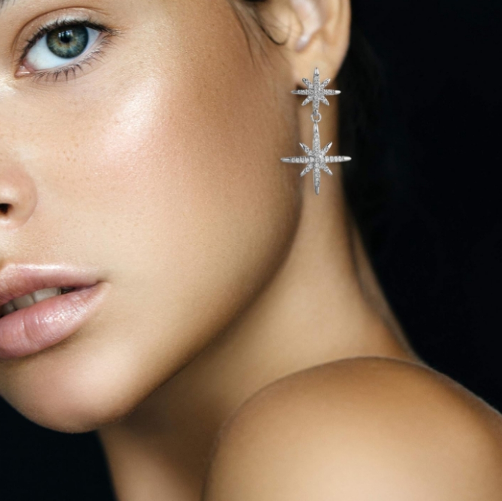 Silver Starburst Earrings Double Star Rhinestone Pave Crystal Dangle Stars Post - Picture 3 of 4